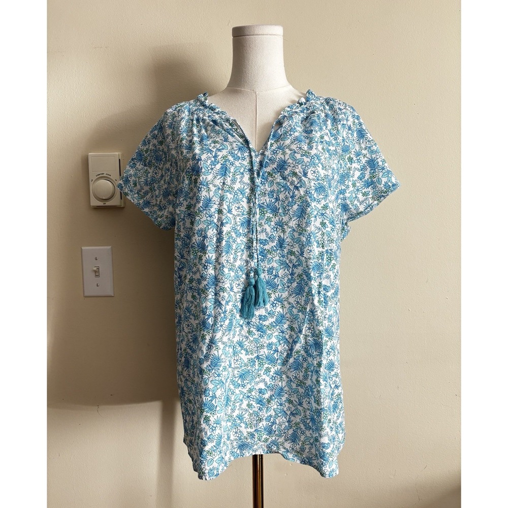 Talbots Womens Medium Relaxed Fit Floral Top Preppy Cotton Blue Green Summer